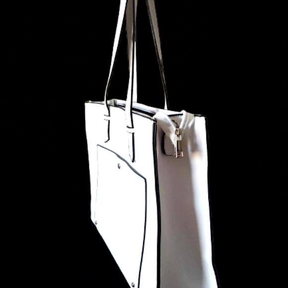 CLAIRE FRANCE White With Black Trim Elegant Large Pu Leather Tote 15"x12.5"x 5" - Picture 3 of 9